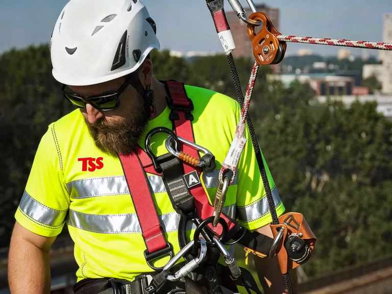 Rope-access technician in a white safety helmet and high-visibility fluorescent yellow reflective shirt wearing a full-body harness secured to ropes above an urban railway corridor.