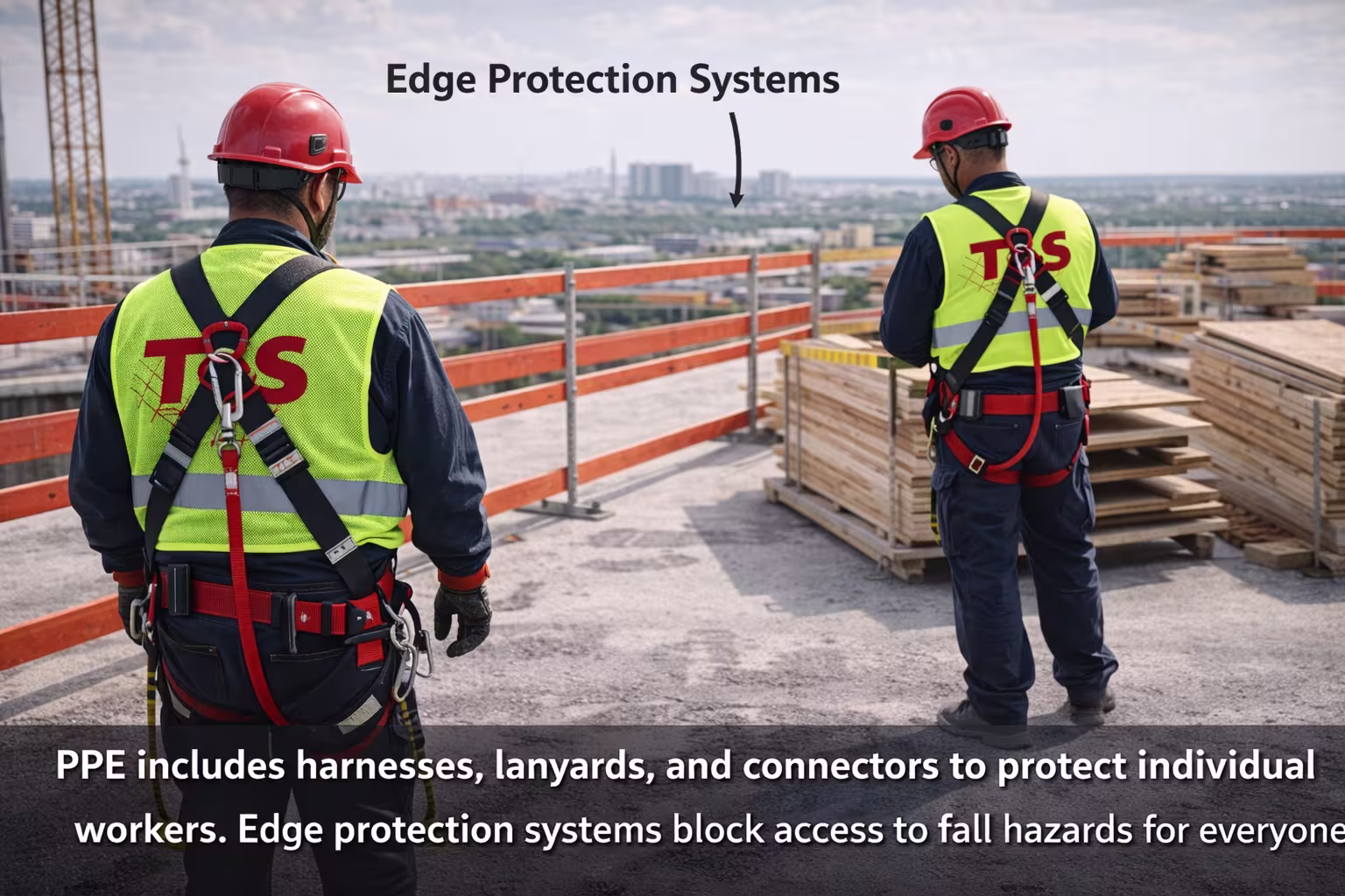 Construction workers wearing full PPE operate safely near a roof edge protected by guardrail systems, highlighting the difference between individual fall protection and collective edge protection measures.