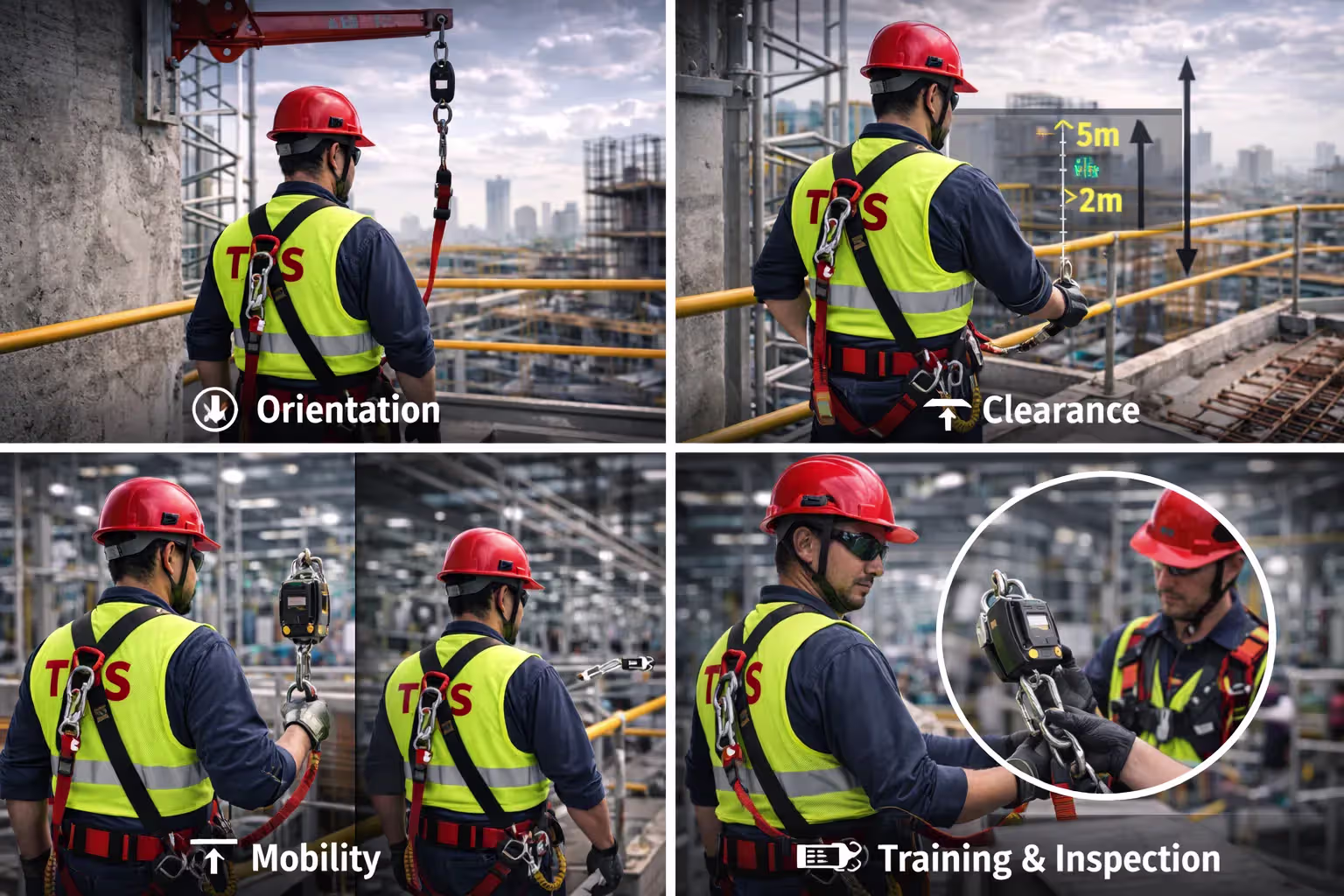 Workers equipped with fall arrest PPE assess system orientation, clearance, mobility, and equipment condition, highlighting the key factors that influence safe selection and use of personal fall protection systems.