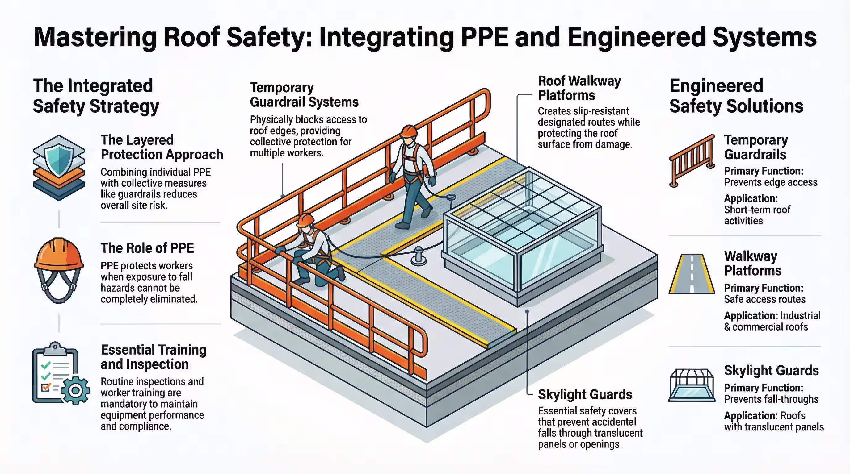 The most effective roof safety strategy combines PPE with engineered roof safety systems