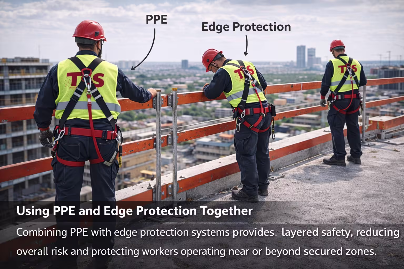 Workers protected by guardrail edge systems while wearing full PPE demonstrate a layered fall prevention strategy that combines passive protection with personal fall arrest equipment.
